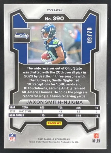 2023 Panini Prizm No Huddle Red Prizm #390 Jaxon Smith-Njigba RC /70