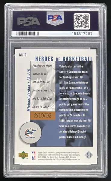 2002 Upper Deck Authentics Heroes of Basketball #MJ10 Michael Jordan /198 PSA 10