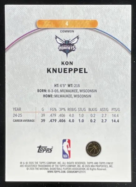 2025-26 Topps Finest Common Oil Spill Refractor #4 Kon Knueppel RC