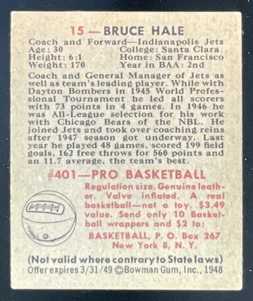 1948 Bowman #15 Bruce Hale RC