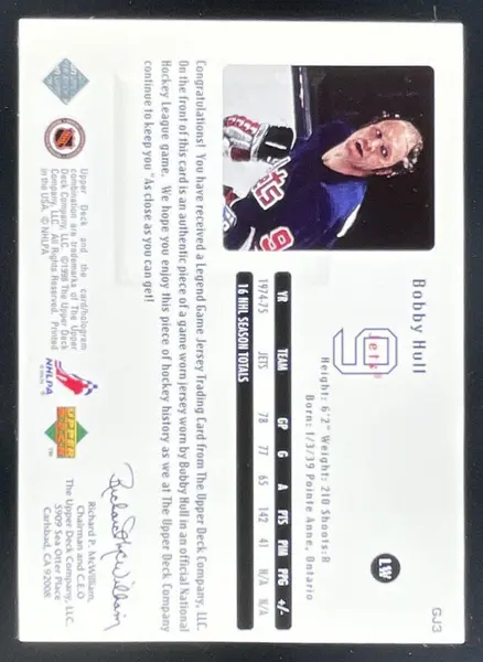 1998-99 Upper Deck Game Jerseys #GJ3 Bobby Hull MEM