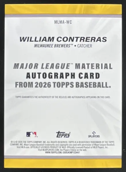 2026 Topps Major League Materials Autograph #MLMA-WC William Contreras Auto