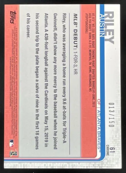 2019 Topps Chrome Update Blue Refractor #61 Austin Riley RC /150