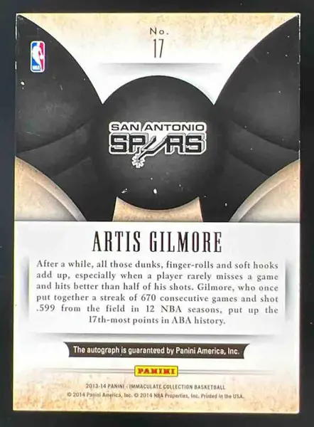 2013-14 Panini Immaculate Collection Scorers Club #17 Artis Gilmore Auto /60