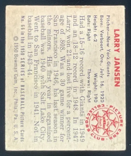 1950 Bowman #66 Larry Jansen