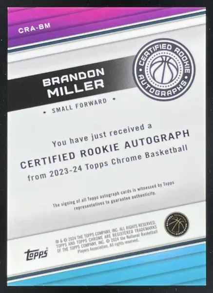 2023-24 Topps Chrome Certified Rookie Autographs #CRA-BM Brandon Miller RC Auto