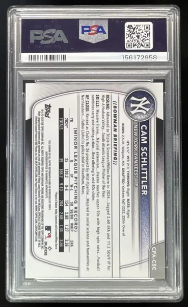 2025 Bowman Chrome Chrome Green  #CPA-CSC Cam Schlittler RC Auto /99 PSA 10