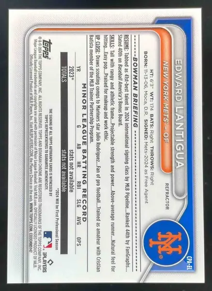 2024 Bowman Chrome Autographs Refractor #CPA-EL Edward Lantigua RC Auto /499