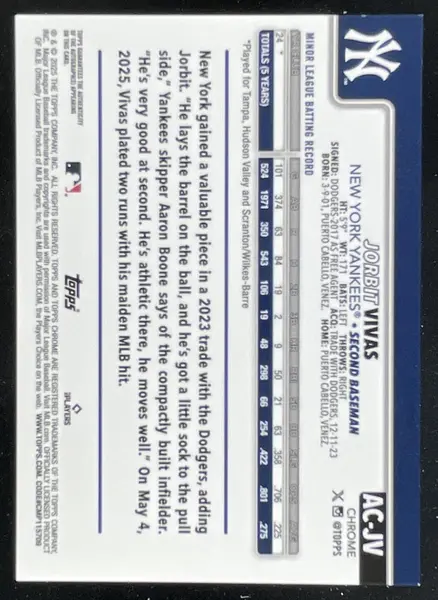 2025 Topps Chrome Update Gold #AC-JV Jorbit Vivas RC Auto /50