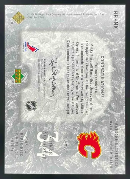 2005-06 SP Game Used Awesome Authentics #AA-MK Miikka Kiprusoff /100