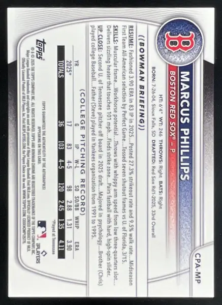 2025 Bowman Draft Chrome Prospect Aqua Lava #CPA-MP Marcus Phillips RC Auto /199