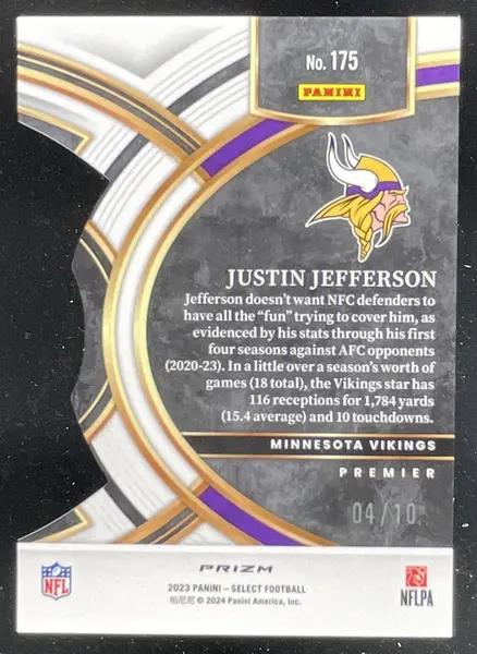 2023 Panini Select Gold Prizms Die Cut #175 Justin Jefferson Premier Level /10