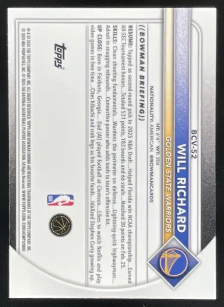 2025-26 Bowman Chrome Yellow Refractor #BCV-52 Will Richard RC /75