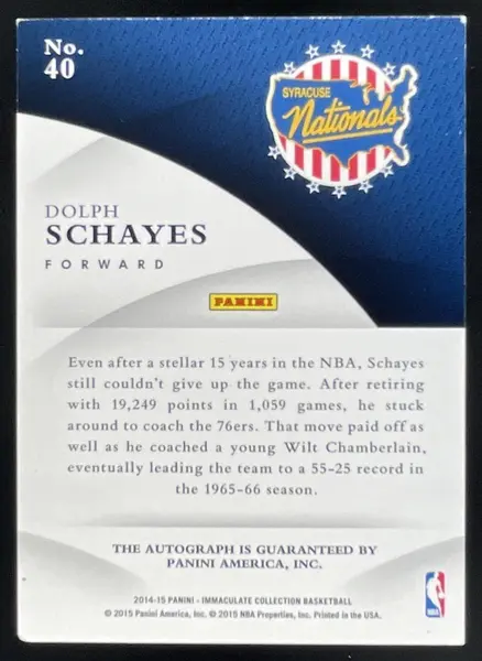 2014-15 Panini Immaculate Collection INK #40 Dolph Schayes Auto /75