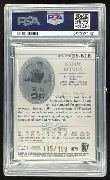 2005 Bowman Sterling Refractors #BS-BLB Barry Bonds /199 PSA 10 on