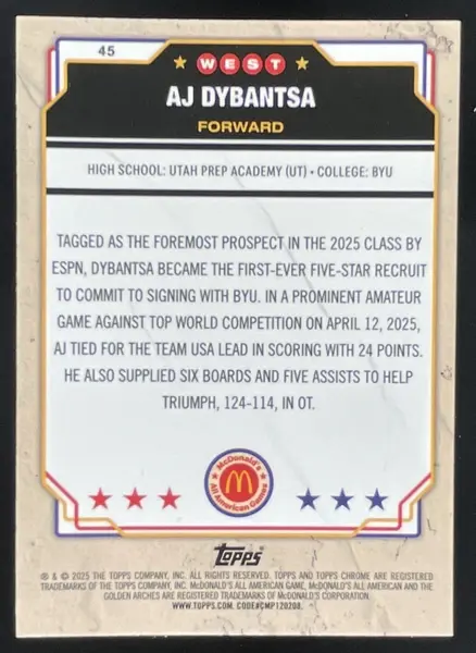 2025 Topps Chrome McDonald's All-American RayWave Refractor #45 AJ Dybantsa