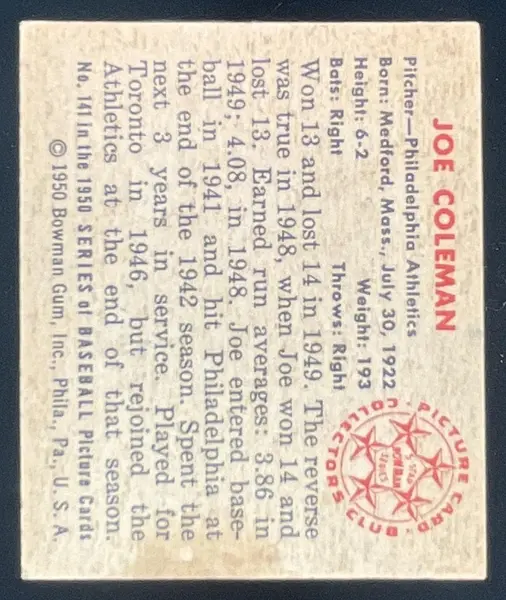 1950 Bowman #141 Joe Coleman RC