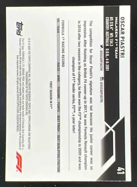 2023 Topps Chrome Formula 1 Checker Flag X fractor #41 Oscar Piastri RC