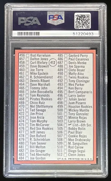 1969 Topps #412 5th Series Check List: 426-512 Mickey Mantle, PSA 6
