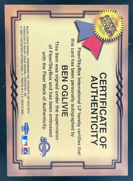 2000 Fleer Greats of the Game Autographs #NNO Ben Oglivie Auto