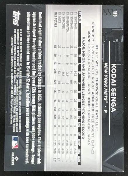 2026 Topps Chrome Black Rose Gold Refractor #119 Kodai Senga /10