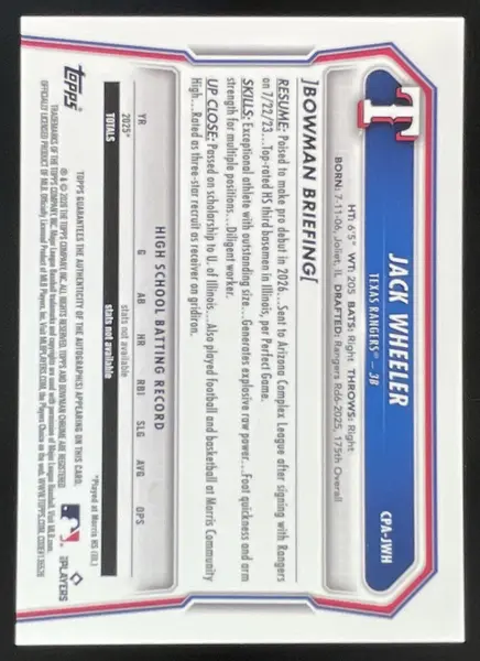 2026 Bowman Chrome Gold Lava #CPA-JWH Jack Wheeler RC Auto /50