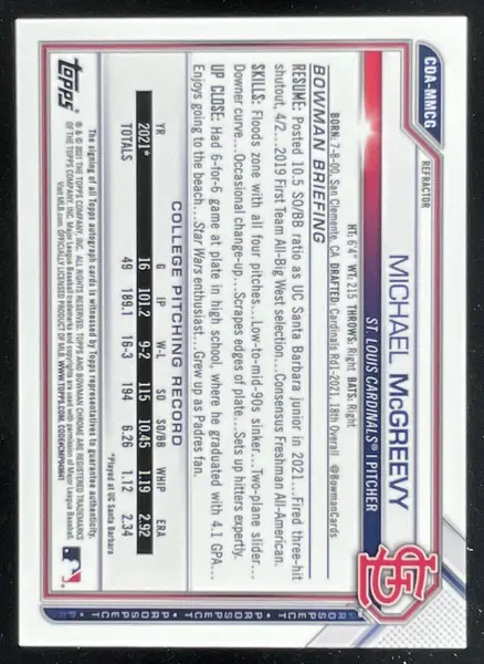 2021 Bowman Draft Chrome Pick #CDA-MMCG Michael McGreevy Auto /499
