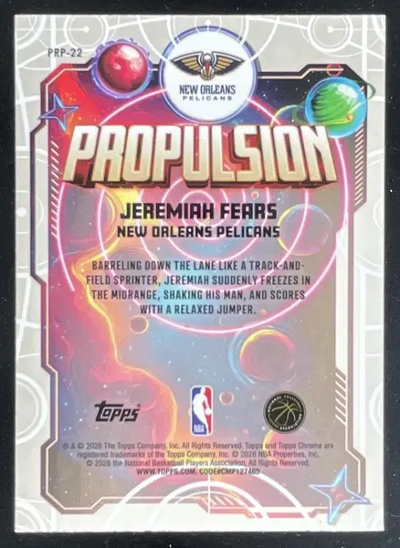 2025-26 Topps Cosmic Chrome Propulsion Blue Moon #PRP-22 Jeremiah Fears RC /99