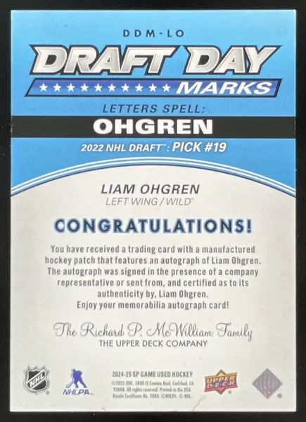 2024-25 Upper Deck SP Game Used Draft Day Marks #DDM-LO Liam Ohgren RC Auto /35
