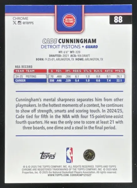 2025-26 Topps Chrome Sapphire #88 Cade Cunningham