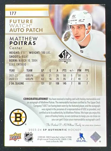 2023-24 SP Authentic Limited Auto Patch #177 Matthew Poitras RC Auto /100