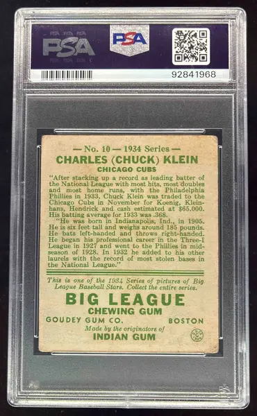 1934 Goudey #10 Chuck Klein PSA 2