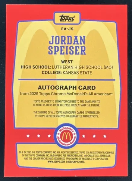 2025 Topps Chrome McDonald's All-American Event #EA-JS Jordan Speiser Auto