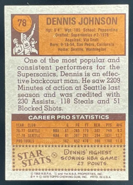 1978-79 Topps #78 Dennis Johnson RC