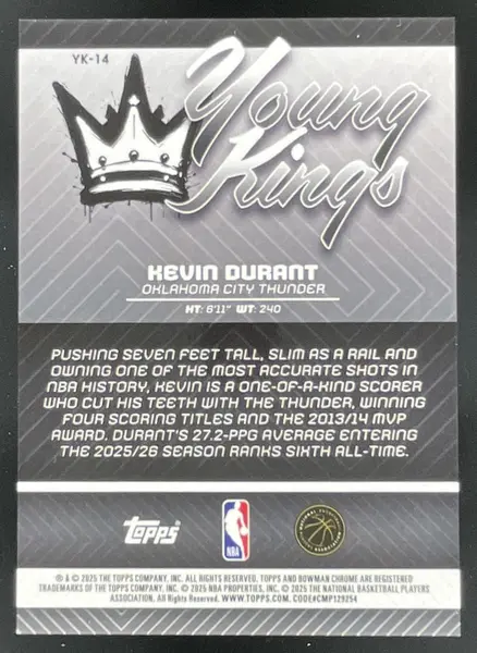 2025-26 Bowman Chrome Young Kings Fuchsia Refractor #YK-14 Kevin Durant /199