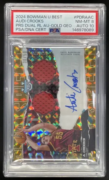 2024 Bowman Best University Dual Relic Gold Geometric Audi Crooks Auto /50 PSA 8
