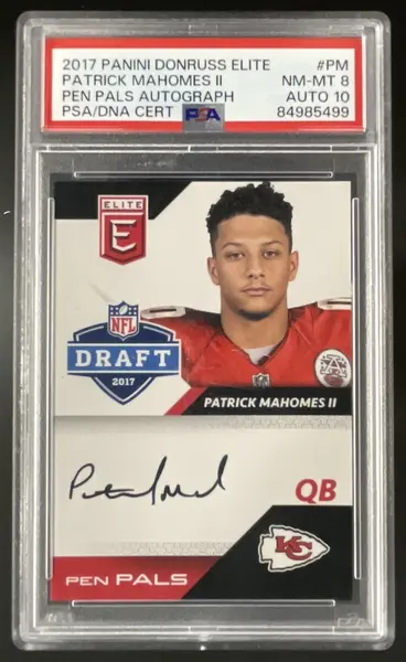 2017 Panini Donruss Elite Pen Pals #PP-PM Patrick Mahomes II RC Auto PSA 8
