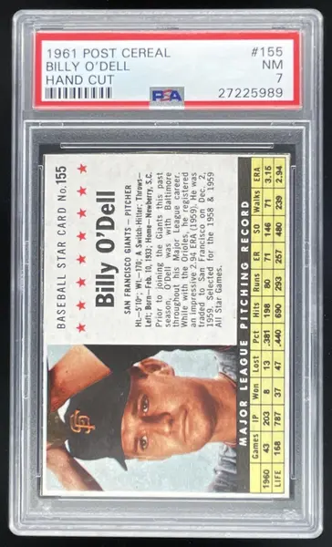 1961 Post Cereal Hand Cut #155 Billy O'Dell PSA 7