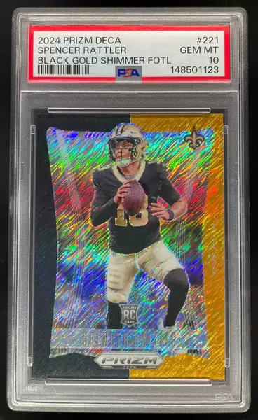 2024 Panini Prizm Deca Shimmer Black Gold FOTL #221 Spencer Rattler RC /8 PSA 10
