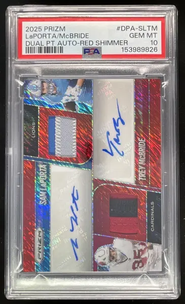 2025 Prizm Dual Patch Red Shimmer Sam LaPorta Trey McBride Auto /35 PSA 10