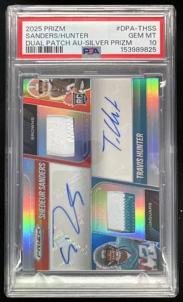 2025 Panini Prizm Dual Patch Auto Shedeur Sanders Travis Hunter RC /99 PSA 10