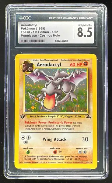 1999 Fossil - 1st Edition - English Aerodactyl Prerelease (Gold Stamp) Cosmos Holo (Gold) 1/62