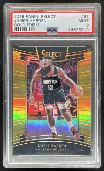2018-19 Panini Select Gold Prizms #51 James Harden Concourse /10 PSA 9