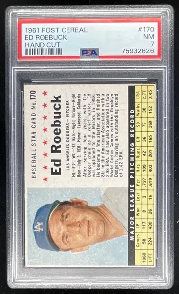 1961 Post Cereal Hand Cut #170 Ed Roebuck PSA 7