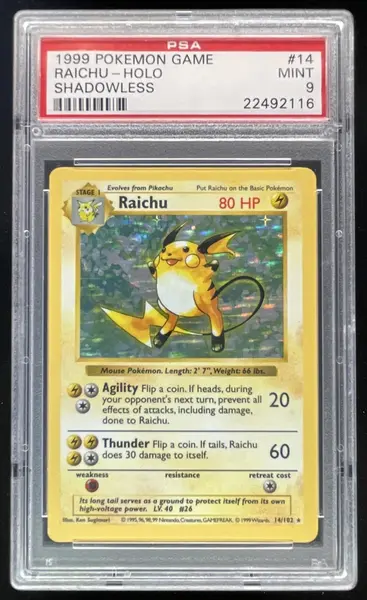 1999 Pokemon Shadowless Set #14/102 Raichu Holo PSA 9