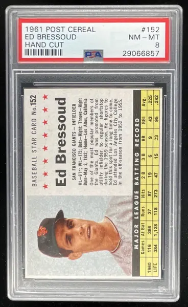 1961 Post Cereal Hand Cut #152 Ed Bressoud PSA 8