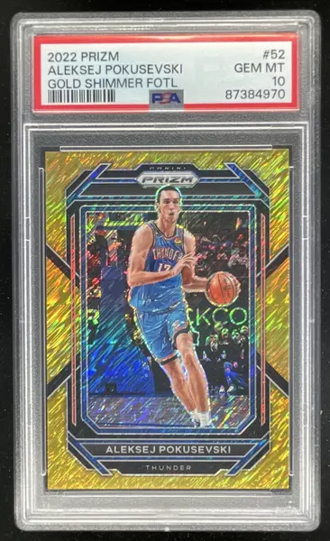 2022-23 Panini Prizm Prizms Gold Shimmer FOTL #52 Aleksej Pokusevski /10 PSA 10