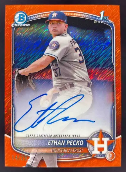 2025 Bowman Chrome Orange Shimmer Refractor #CPA-EPE Ethan Pecko RC Auto /25