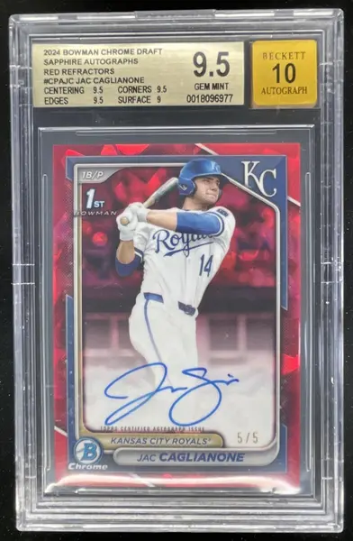 2024 Bowman Draft Sapphire Chrome Red #CPA-JC Jac Caglianone RC Auto /5 BGS 9.5