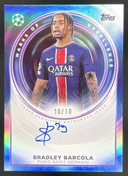 2025-26 Topps Chrome UEFA CC Marks of Excellence Purple Bradley Barcola Auto /10 *Damage